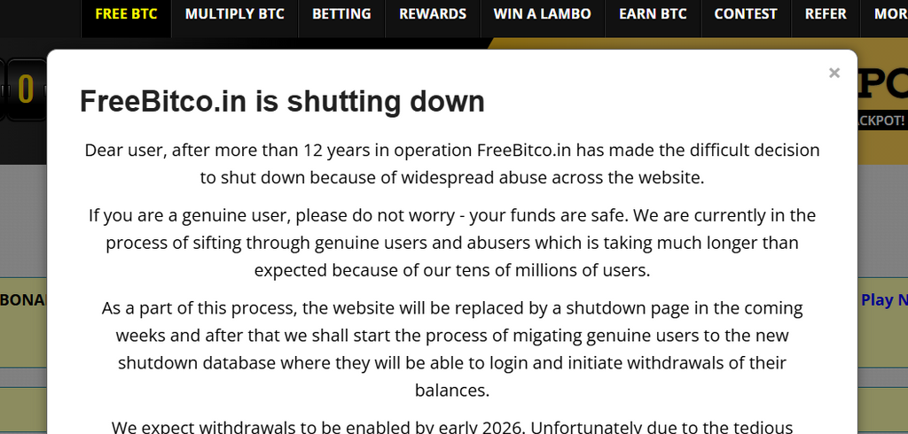 【悲報】フリービットコイン閉鎖のお知らせについて